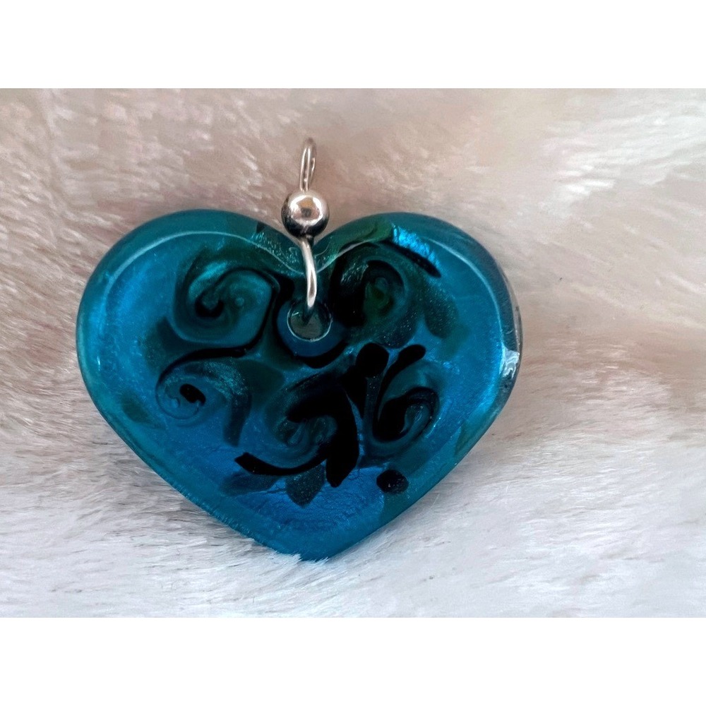 Glass Heart Pendant Teal Blue‎ Silver Foil Venetian Swirl Art Glass Statement 2"